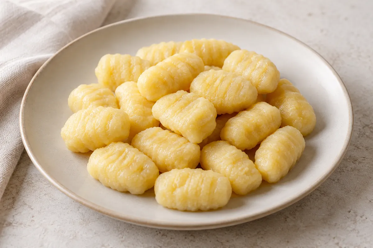 Gnocchi à la semoule à cuire sur un fond de lin clair.