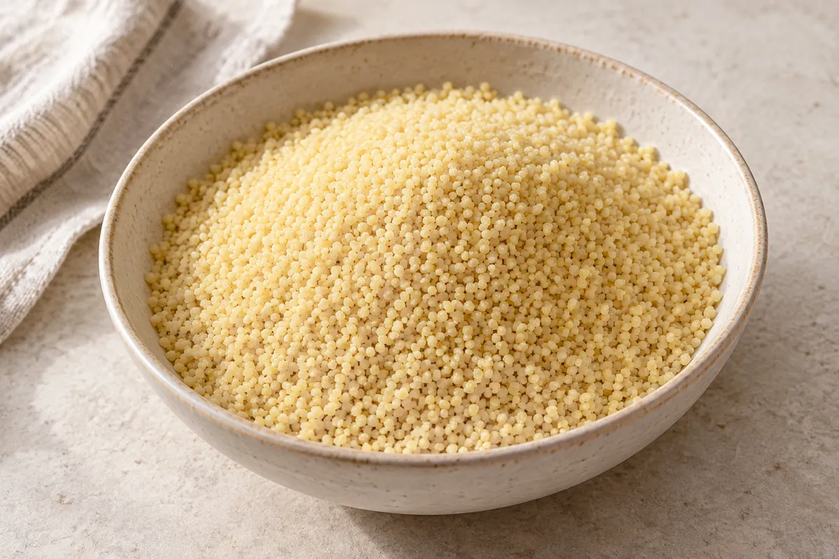 Graine de couscous à cuire sur un fond de lin clair.