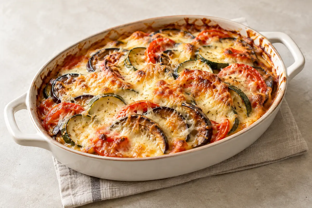 Gratin de légumes sur un fond de lin clair.