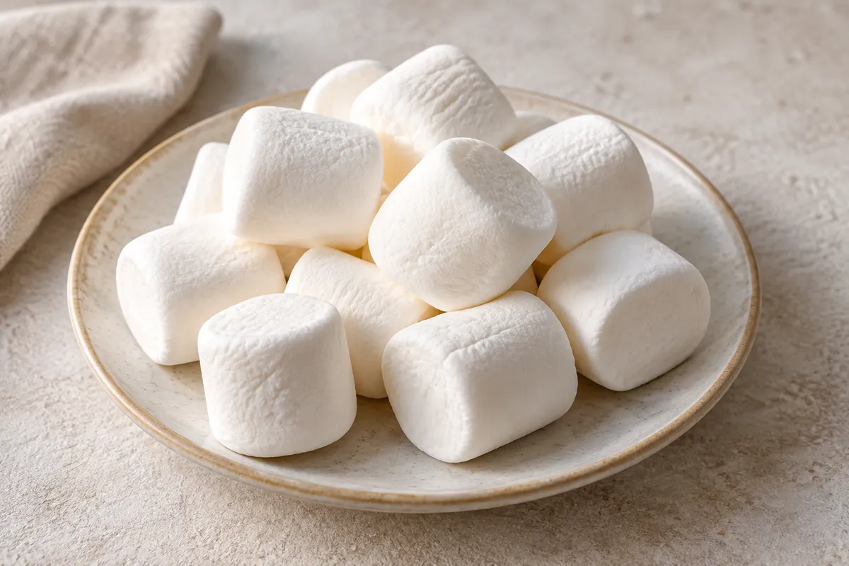 Guimauve ou marshmallow sur un fond de lin clair.