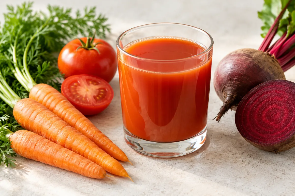 Jus de légumes pur jus sur un fond de lin clair.
