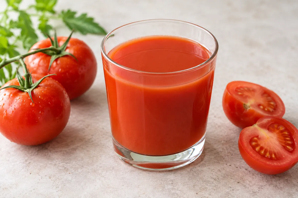 Jus de tomate pur jus sur un fond de lin clair.