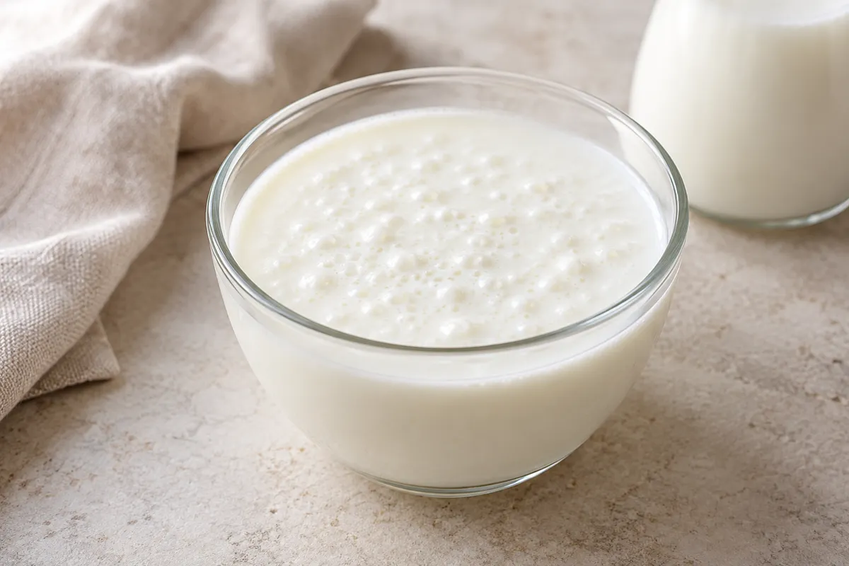 Kéfir de lait sur un fond de lin clair.