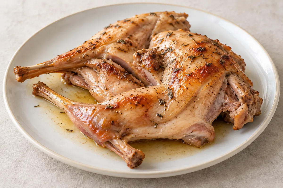 Lapin de garenne viande cuite sur un fond de lin clair.