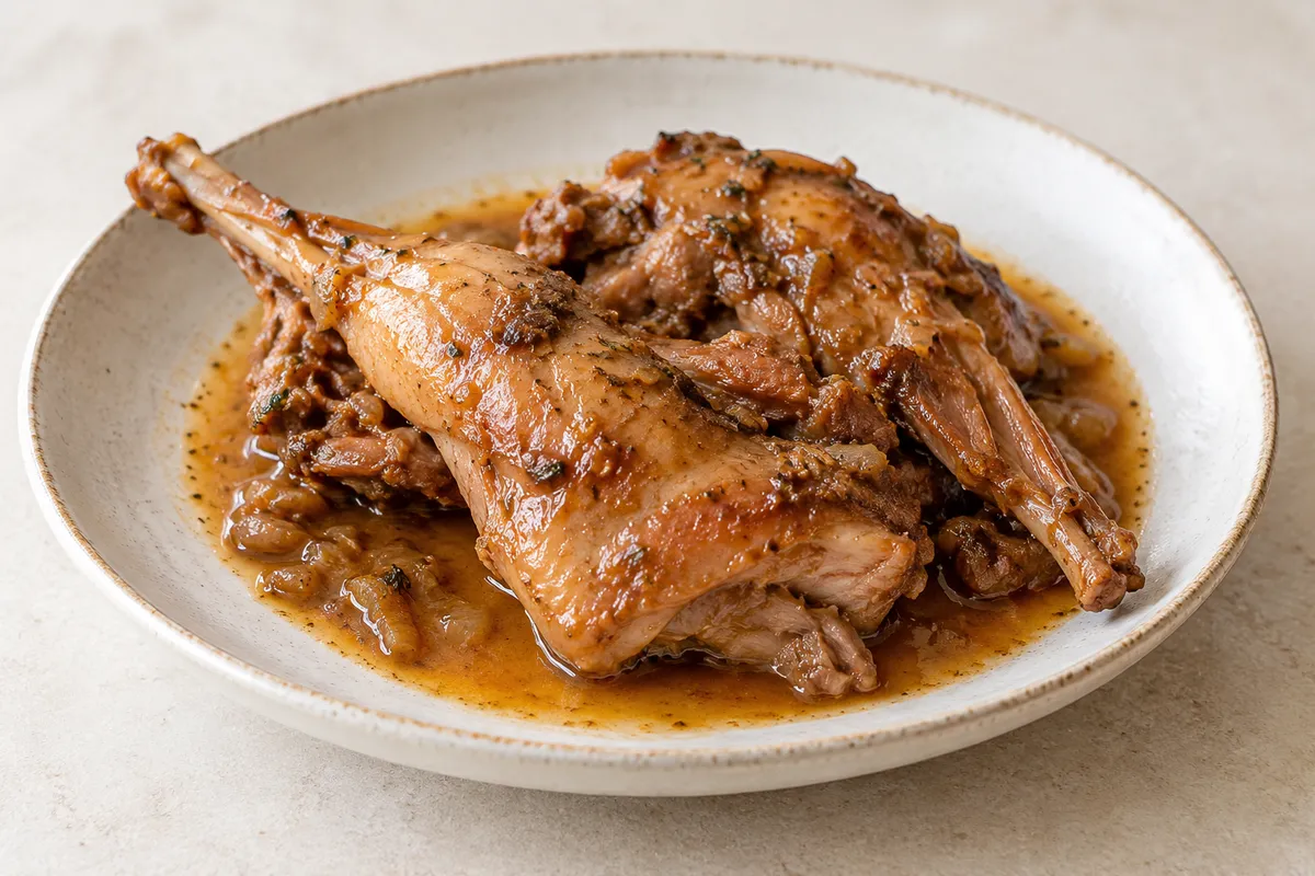 Lapin viande braisée sur un fond de lin clair.