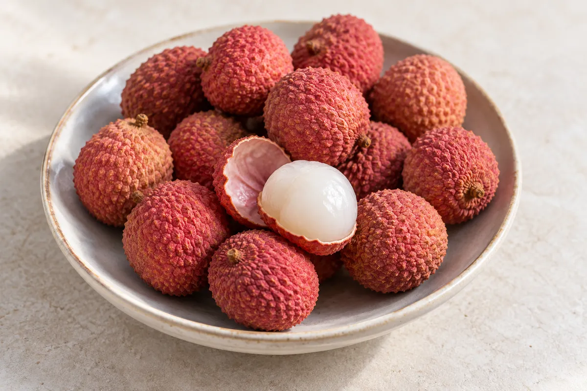 Litchi cru sur un fond de lin clair.