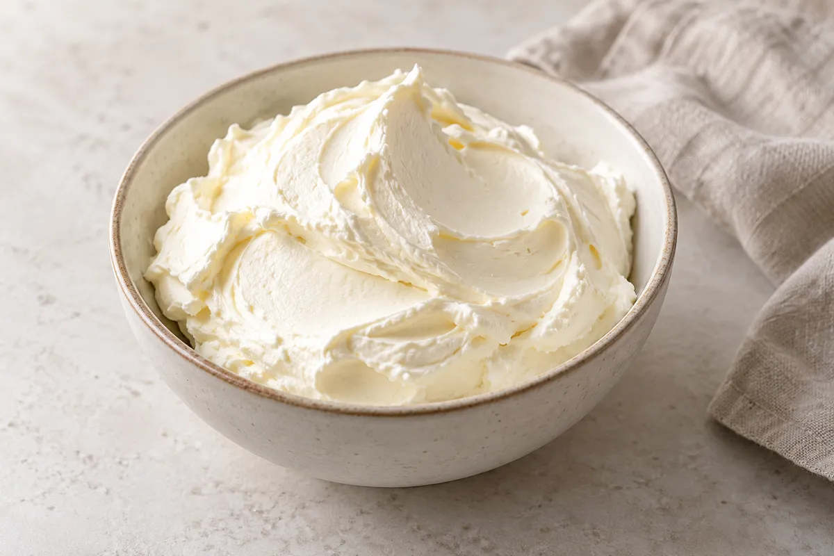 Mascarpone sur un fond de lin clair.