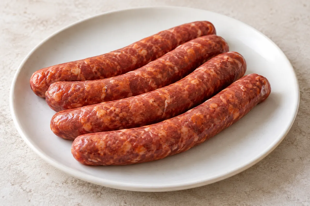 Merguez crue sur un fond de lin clair.