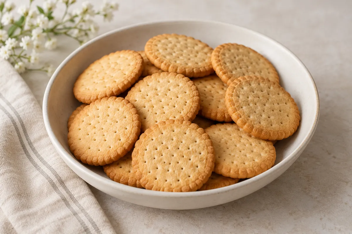 Biscuits secs dans un bol, sur un fond de lin clair.