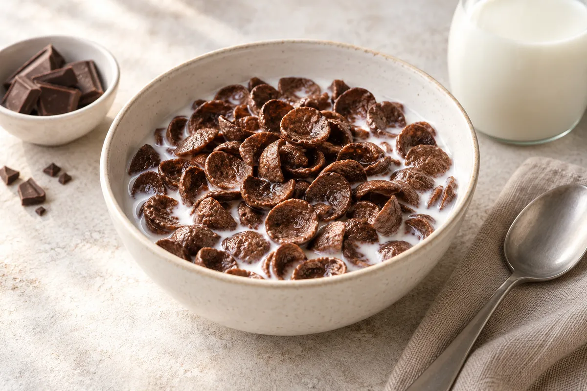 Cereales chocolatees dans un bol, sur un fond de lin clair.