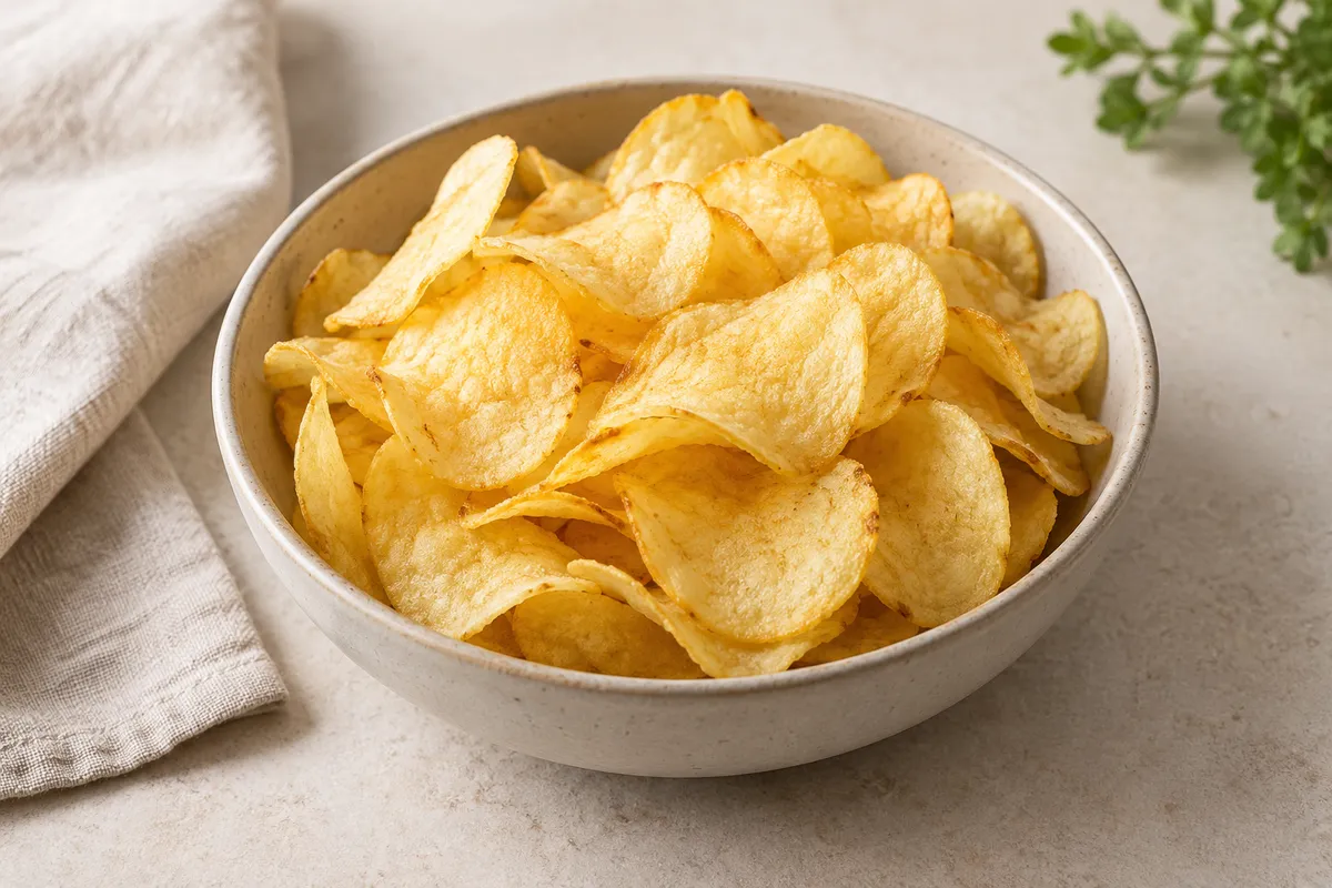 Chips dans un bol, sur un fond de lin clair.