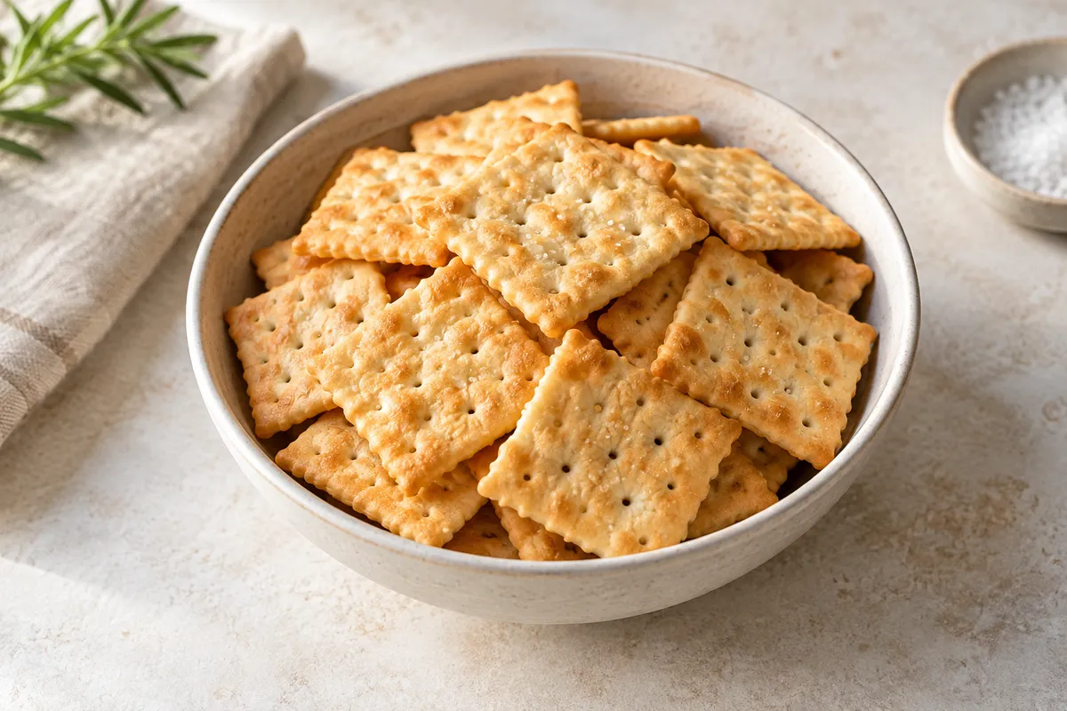 Crackers apéritifs dans un bol, sur un fond de lin clair.