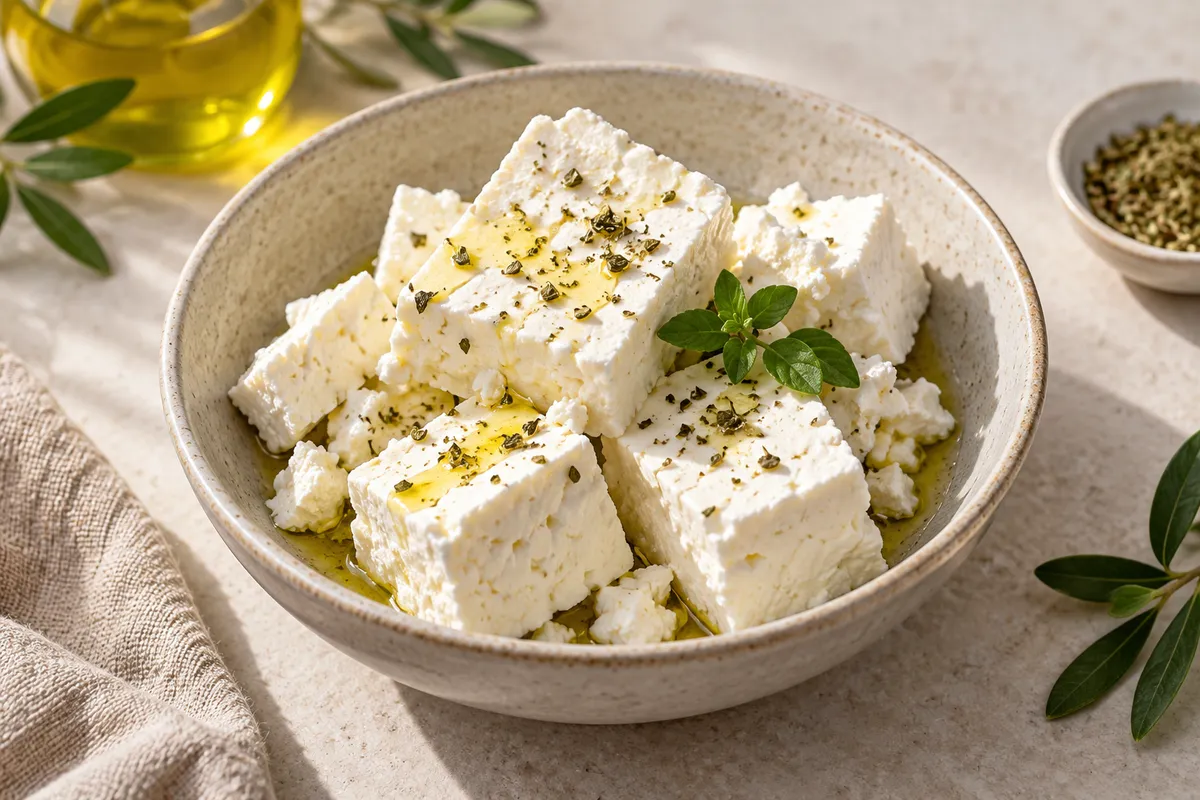 Fetas dans un bol, sur un fond de lin clair.