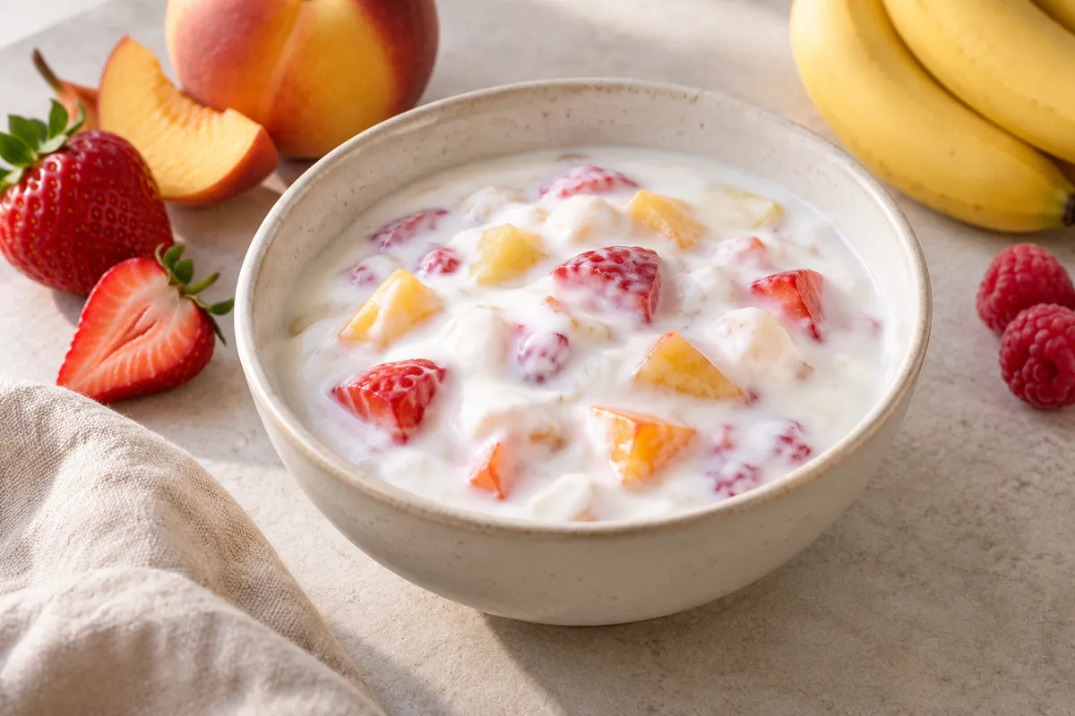 Fromages blancs aux fruits dans un bol, sur un fond de lin clair.