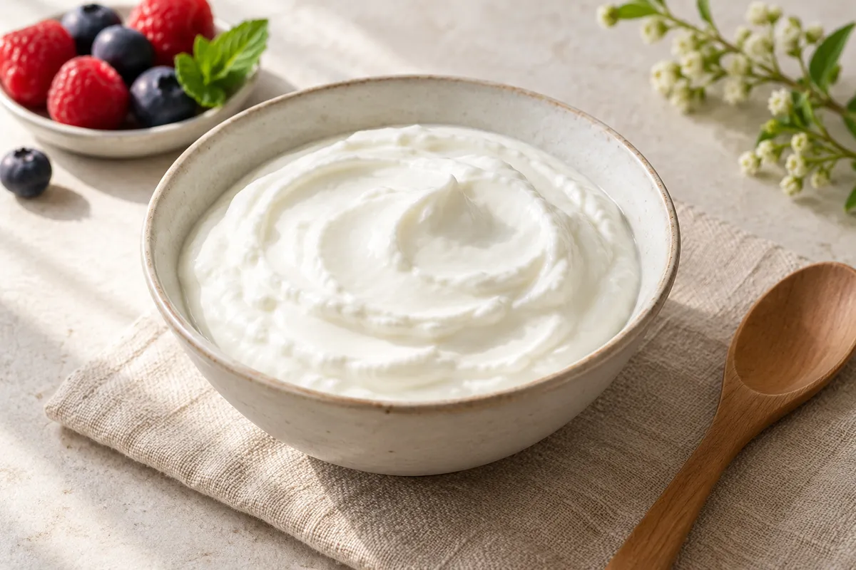 Fromage blanc nature dans un bol, sur un fond de lin clair.