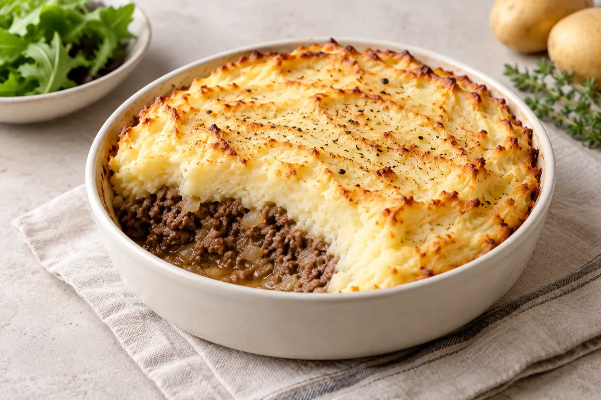 Hachis parmentier dans un bol, sur un fond de lin clair.