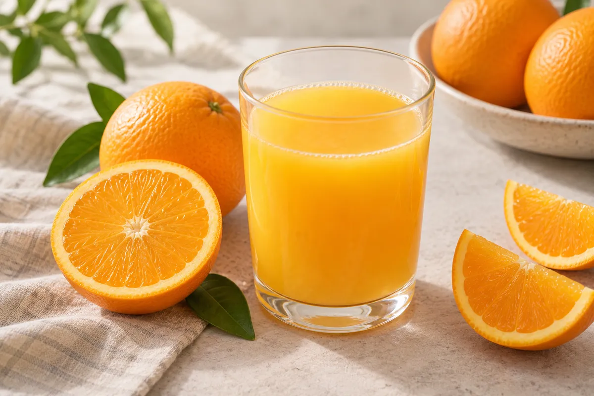 Jus d’orange dans un bol, sur un fond de lin clair.