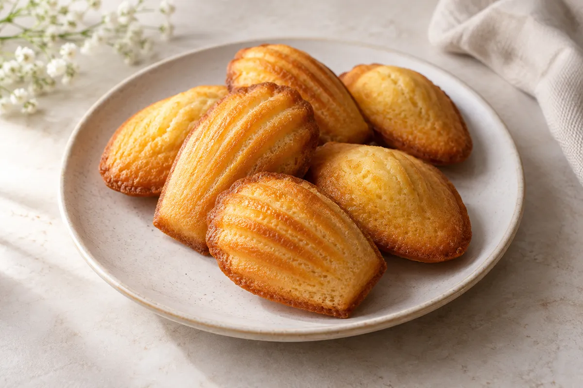 Madeleines dans un bol, sur un fond de lin clair.