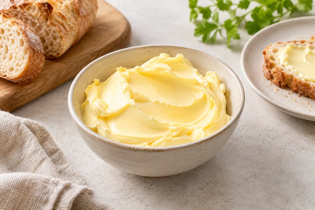 Margarines dans un bol, sur un fond de lin clair.