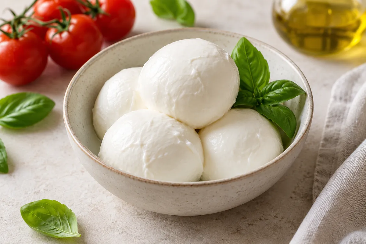 Mozzarellas dans un bol, sur un fond de lin clair.