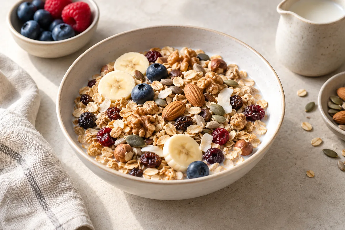 Muesli dans un bol, sur un fond de lin clair.