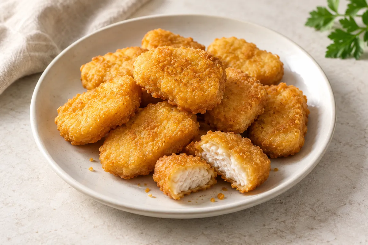 Nuggets dans un bol, sur un fond de lin clair.
