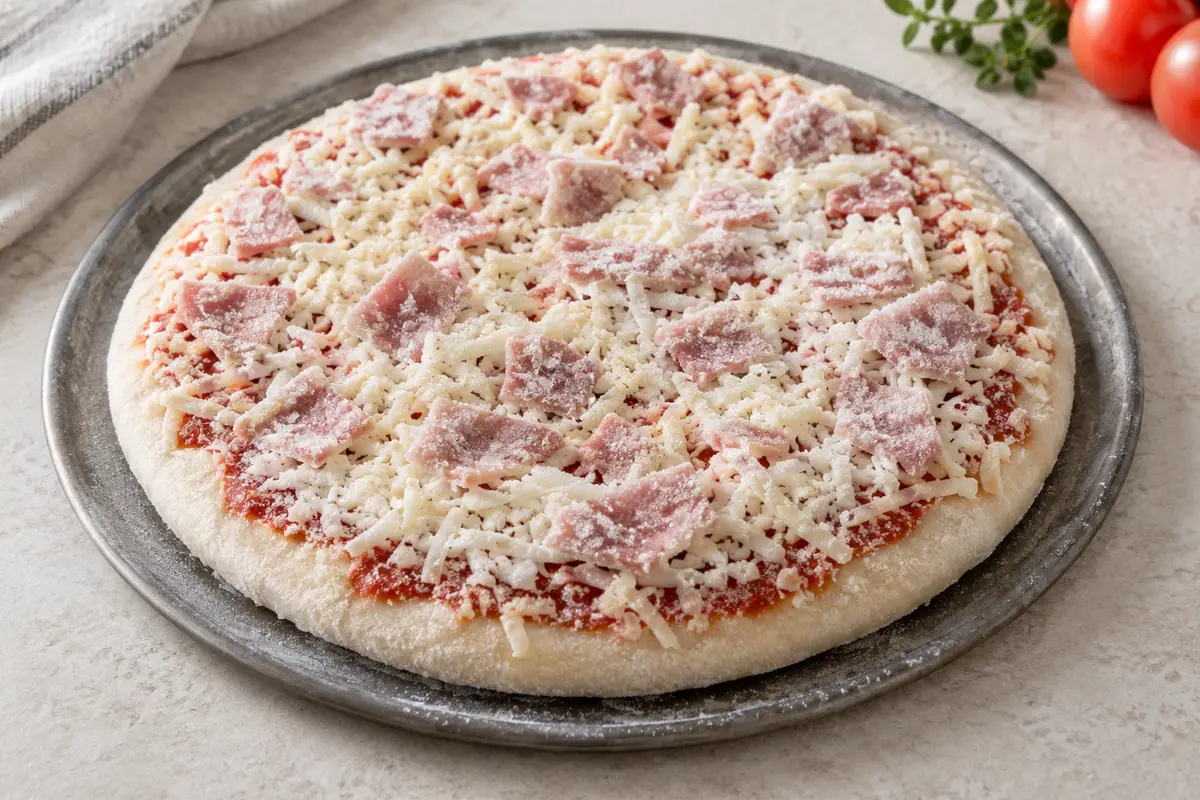 Pizzas surgelées dans un bol, sur un fond de lin clair.