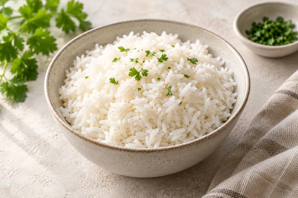 Riz dans un bol, sur un fond de lin clair.