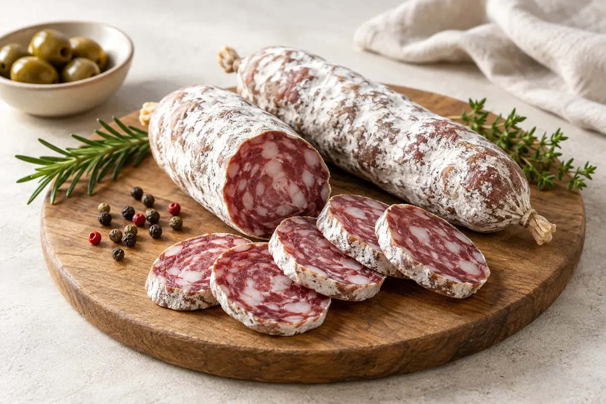 Saucissons dans un bol, sur un fond de lin clair.