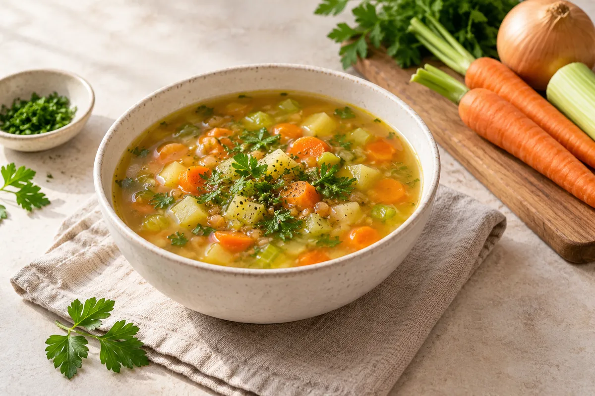 Soupes prêtes à consommer dans un bol, sur un fond de lin clair.