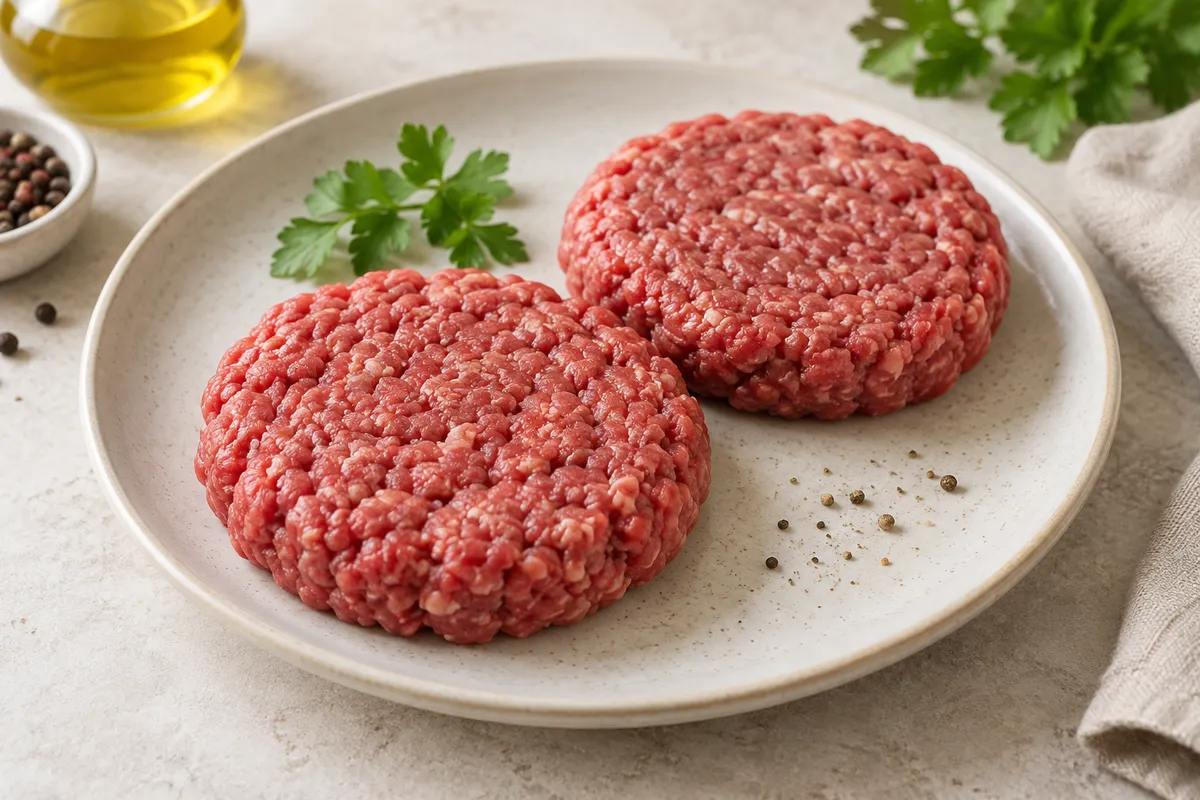 Steaks hachés dans un bol, sur un fond de lin clair.