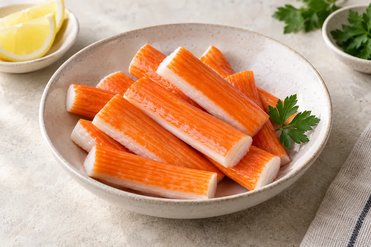 Surimis dans un bol, sur un fond de lin clair.
