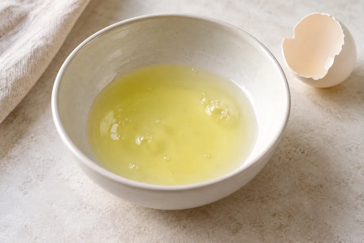 Oeuf blanc (blanc d'oeuf) cru sur un fond de lin clair.