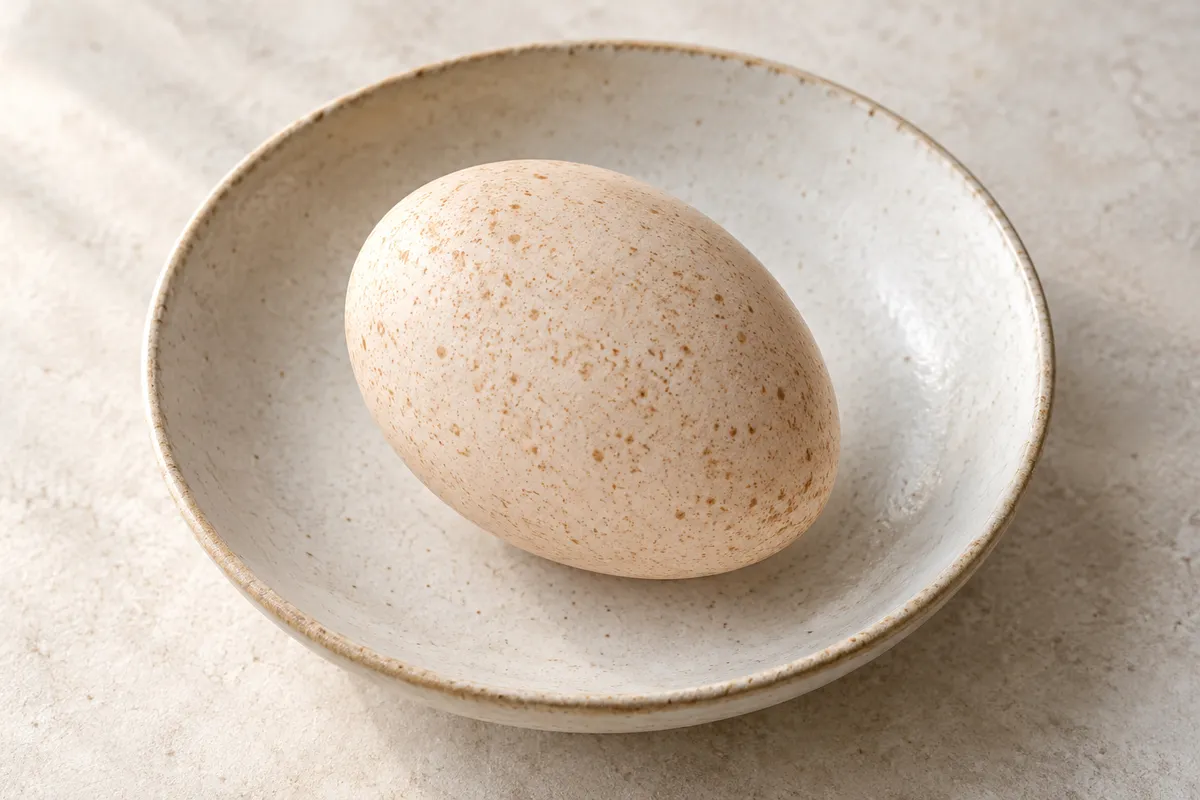 Oeuf de dinde cru sur un fond de lin clair.