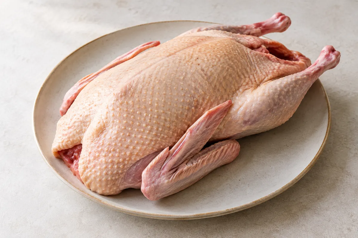 Oie viande crue sur un fond de lin clair.