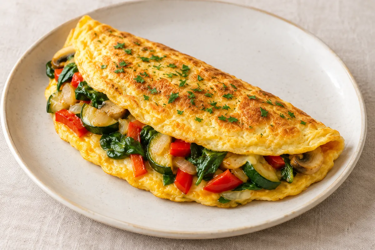 Omelette garnitures diverses : légumes sur un fond de lin clair.