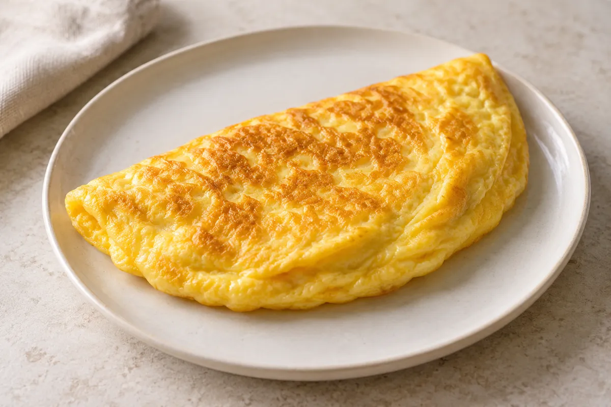Omelette nature faite maison sur un fond de lin clair.