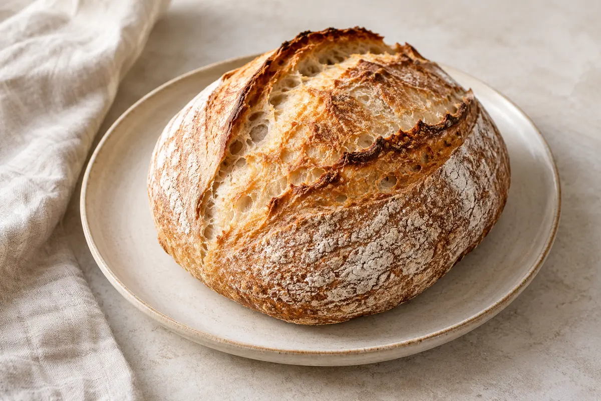 Pain au levain sur un fond de lin clair.