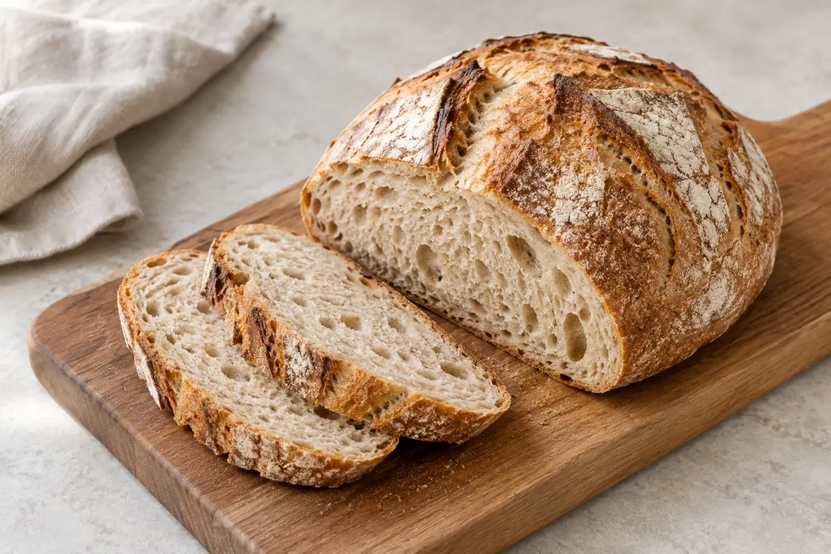 Pain de campagne fait maison sur un fond de lin clair.