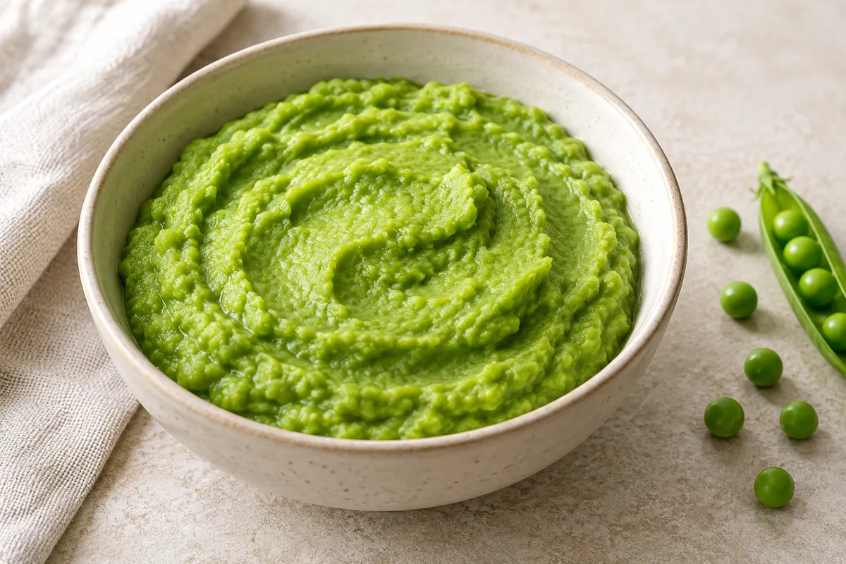 Petits pois purée sur un fond de lin clair.