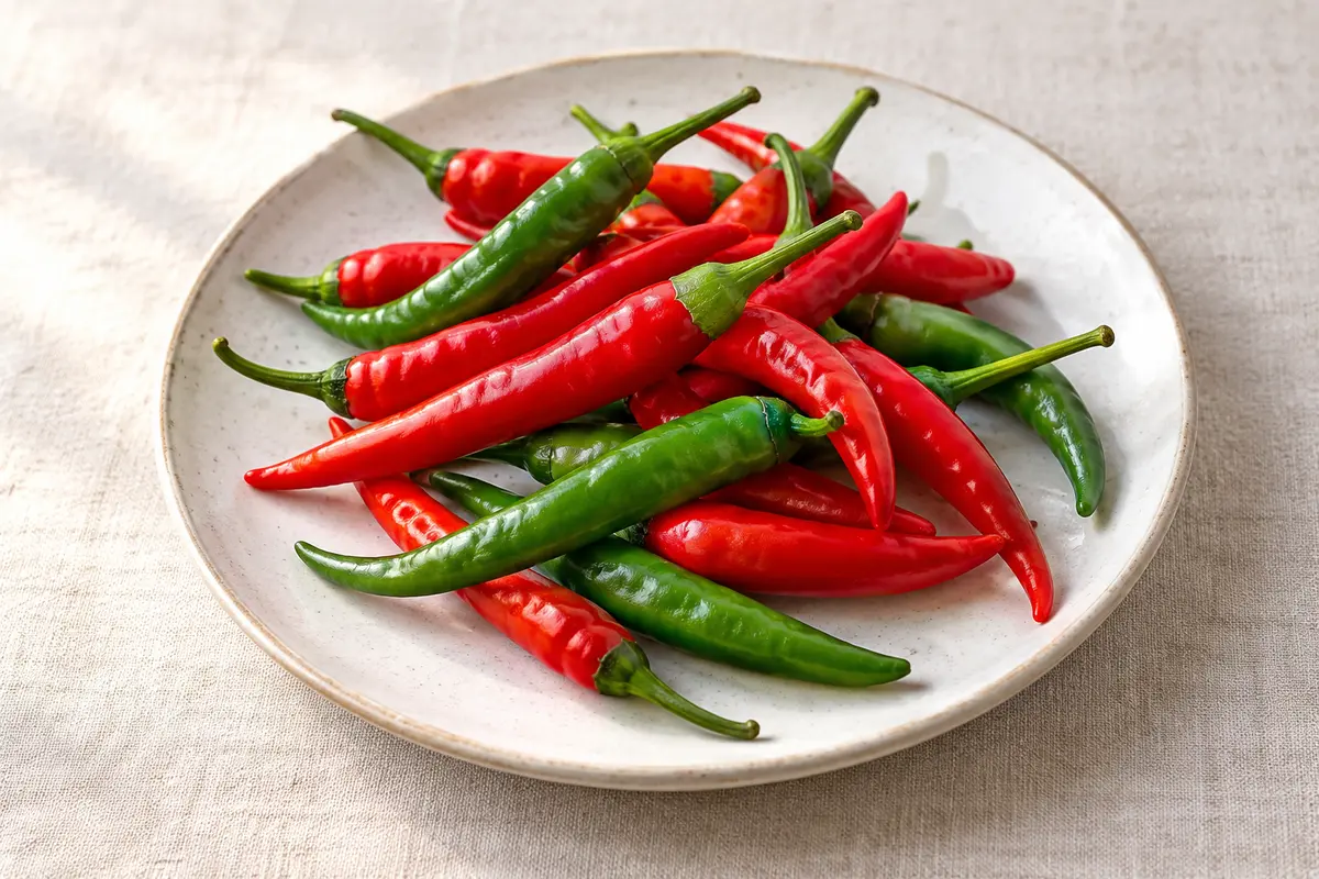 Piment cru sur un fond de lin clair.