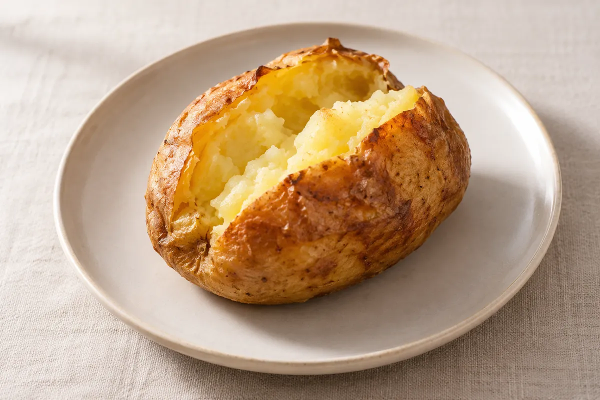 Pomme de terre cuite sur un fond de lin clair.