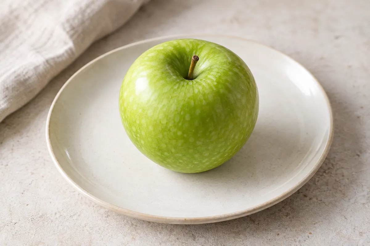Pomme Granny Smith crue sur un fond de lin clair.