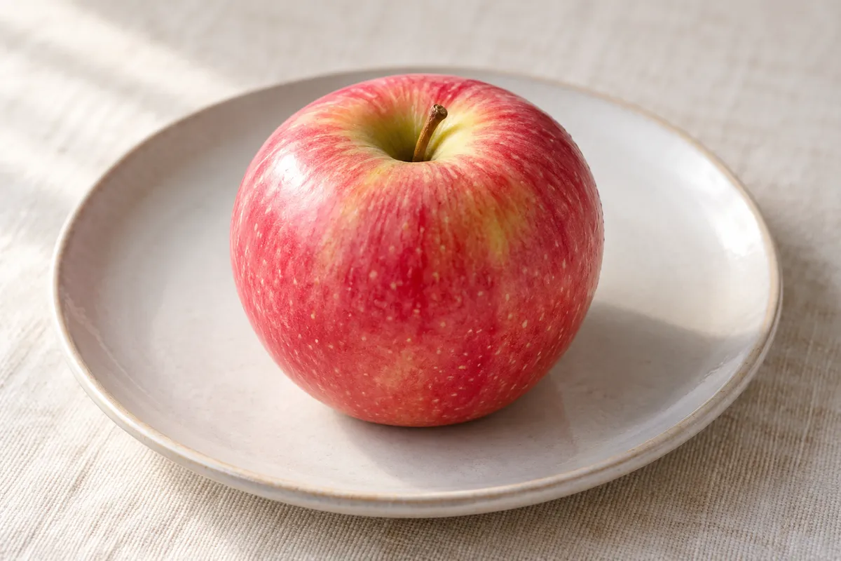 Pomme Pink lady crue sur un fond de lin clair.