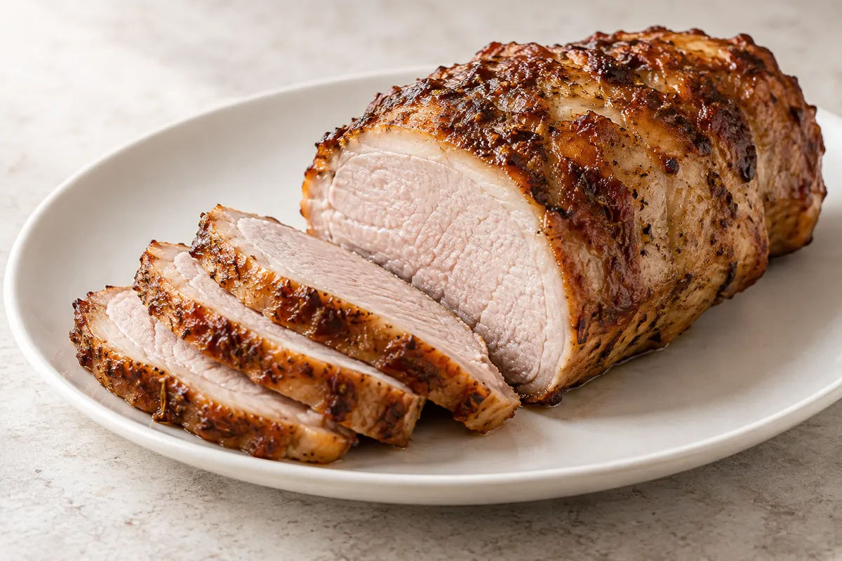 Porc rôti cuit sur un fond de lin clair.