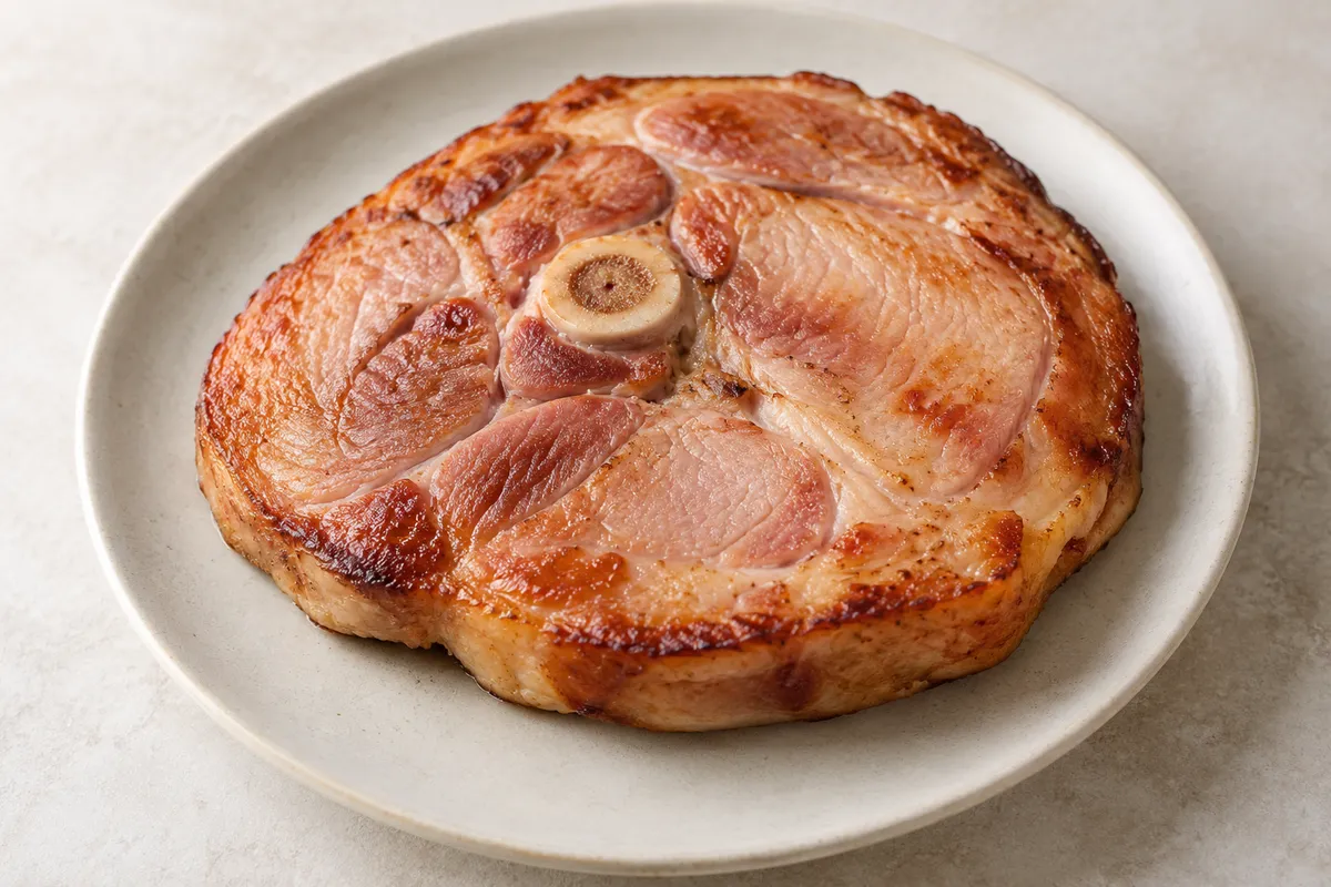 Porc rouelle de jambon cuite sur un fond de lin clair.