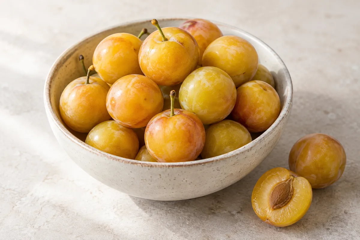 Prune mirabelle crue sur un fond de lin clair.