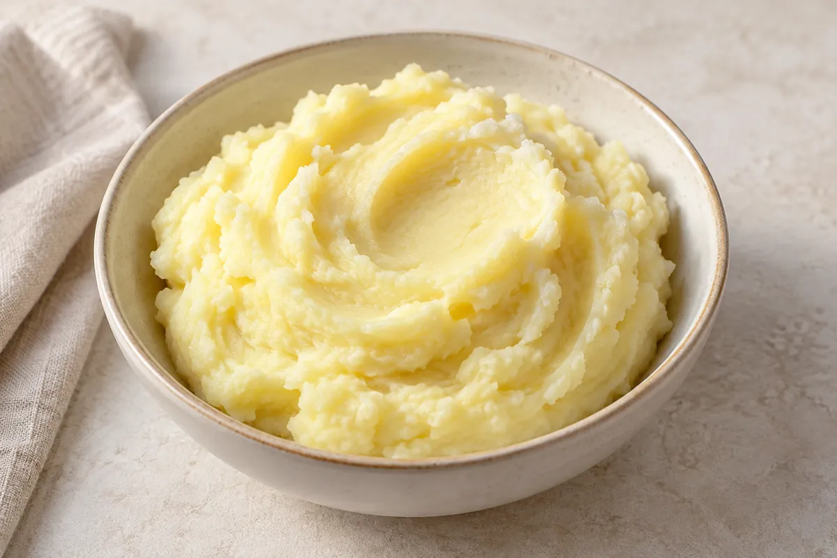 Purée de pomme de terre sur un fond de lin clair.