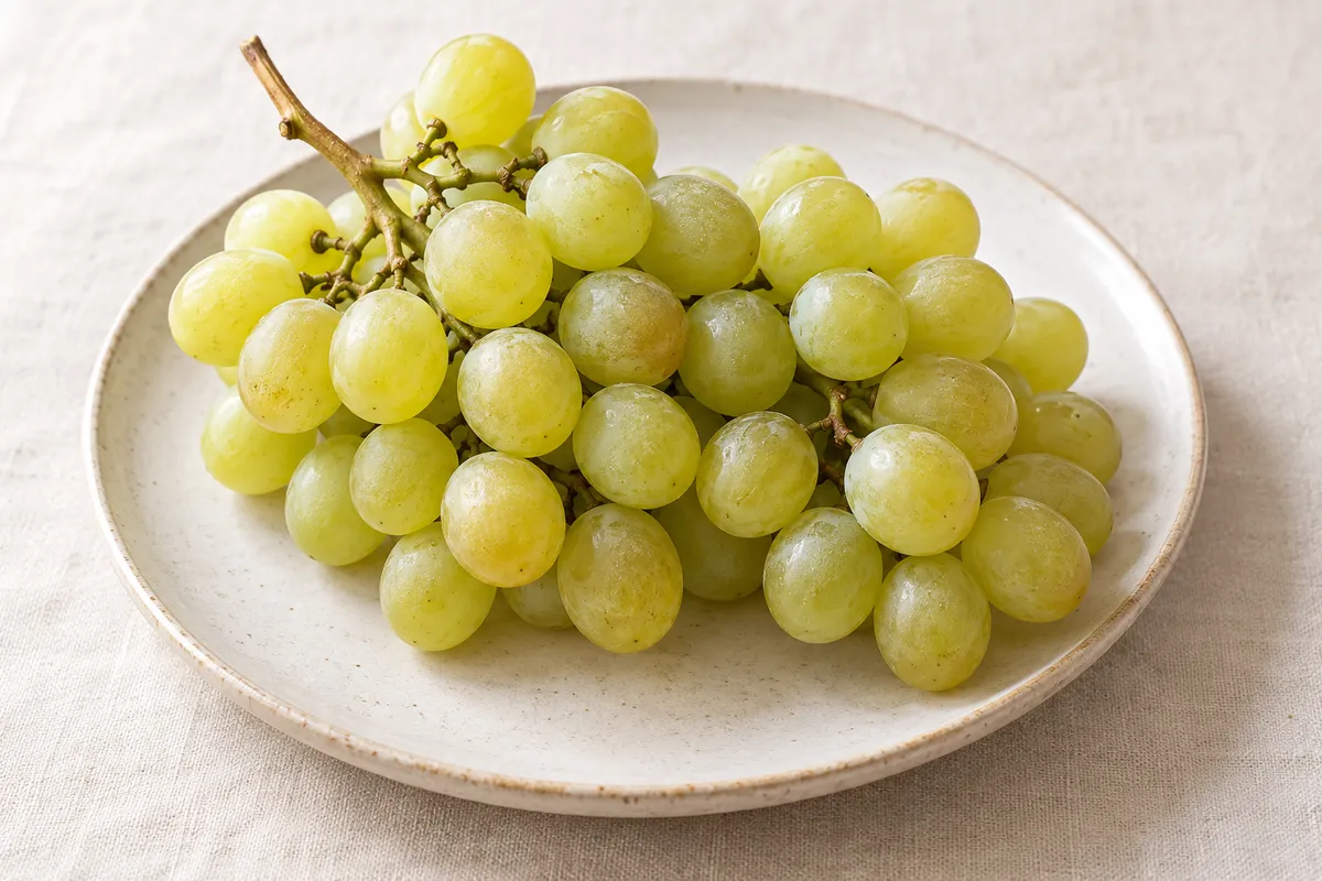Raisin Chasselas cru sur un fond de lin clair.