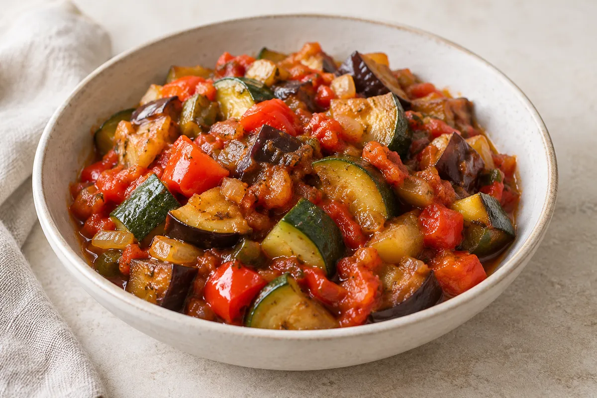 Ratatouille cuisinée sur un fond de lin clair.